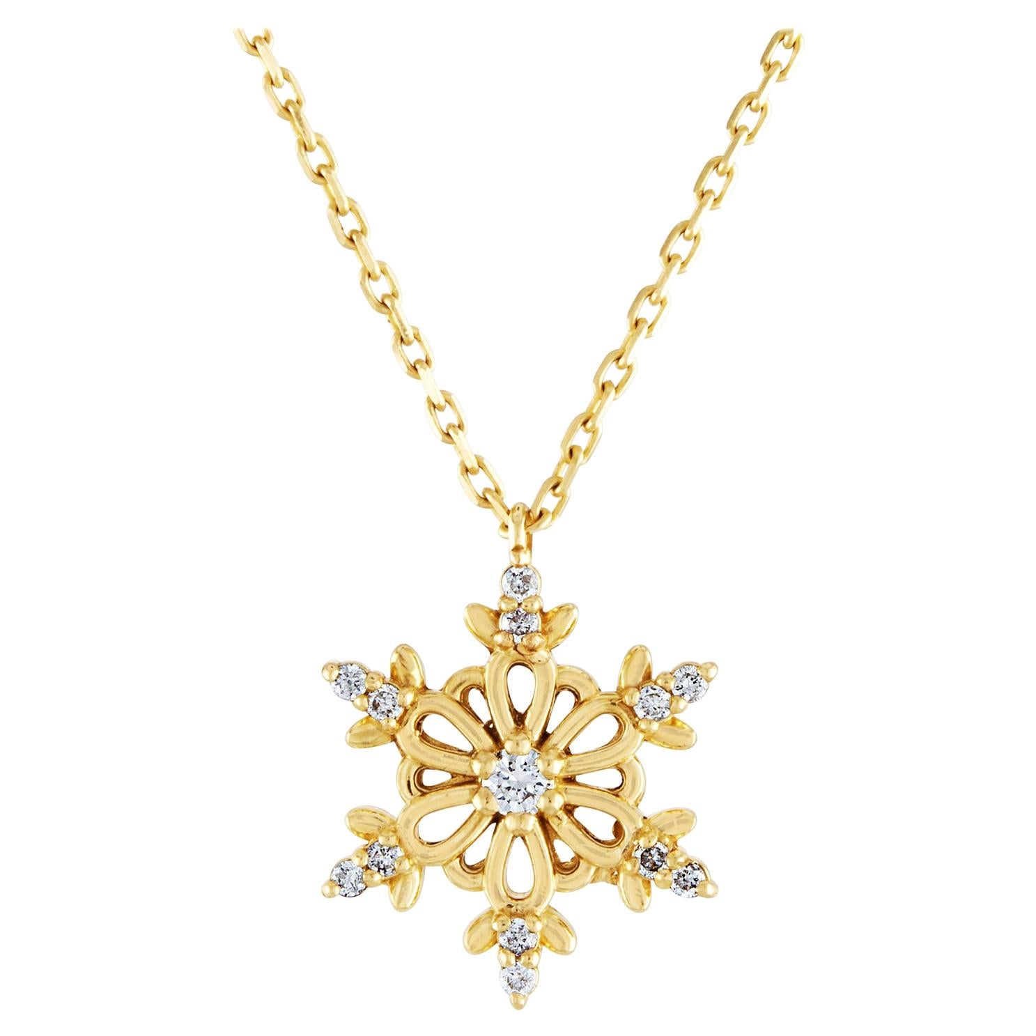 0.15 Carats Diamond & Yellow Gold Snowflake Pendant Chain Necklace