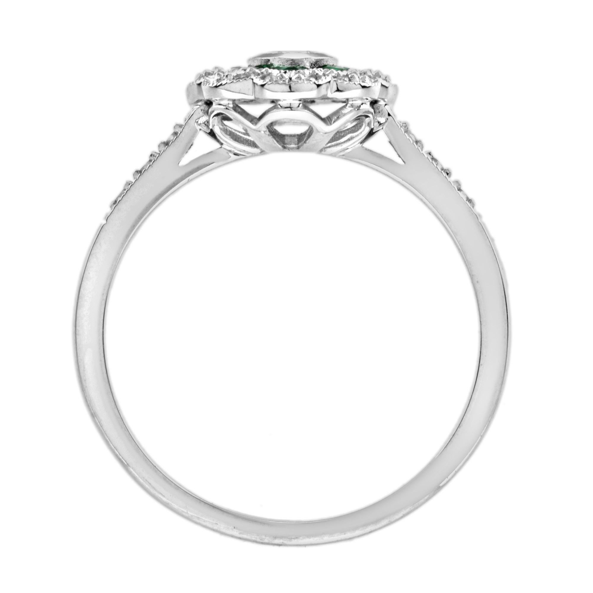 0.15 Ct. Diamond and Emerald Art Deco Style Engagement Ring in 18K White Gold For Sale 1
