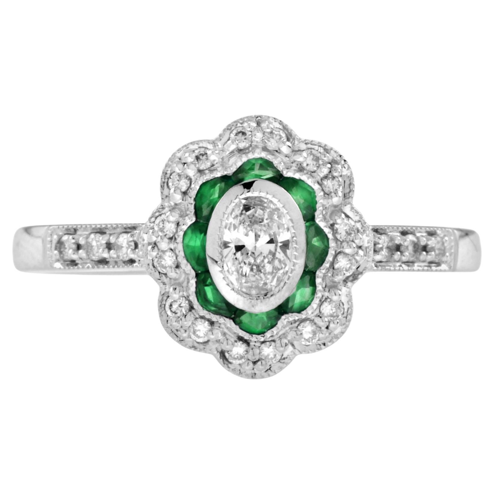 0.15 Ct. Diamond and Emerald Art Deco Style Engagement Ring in 18K White Gold For Sale