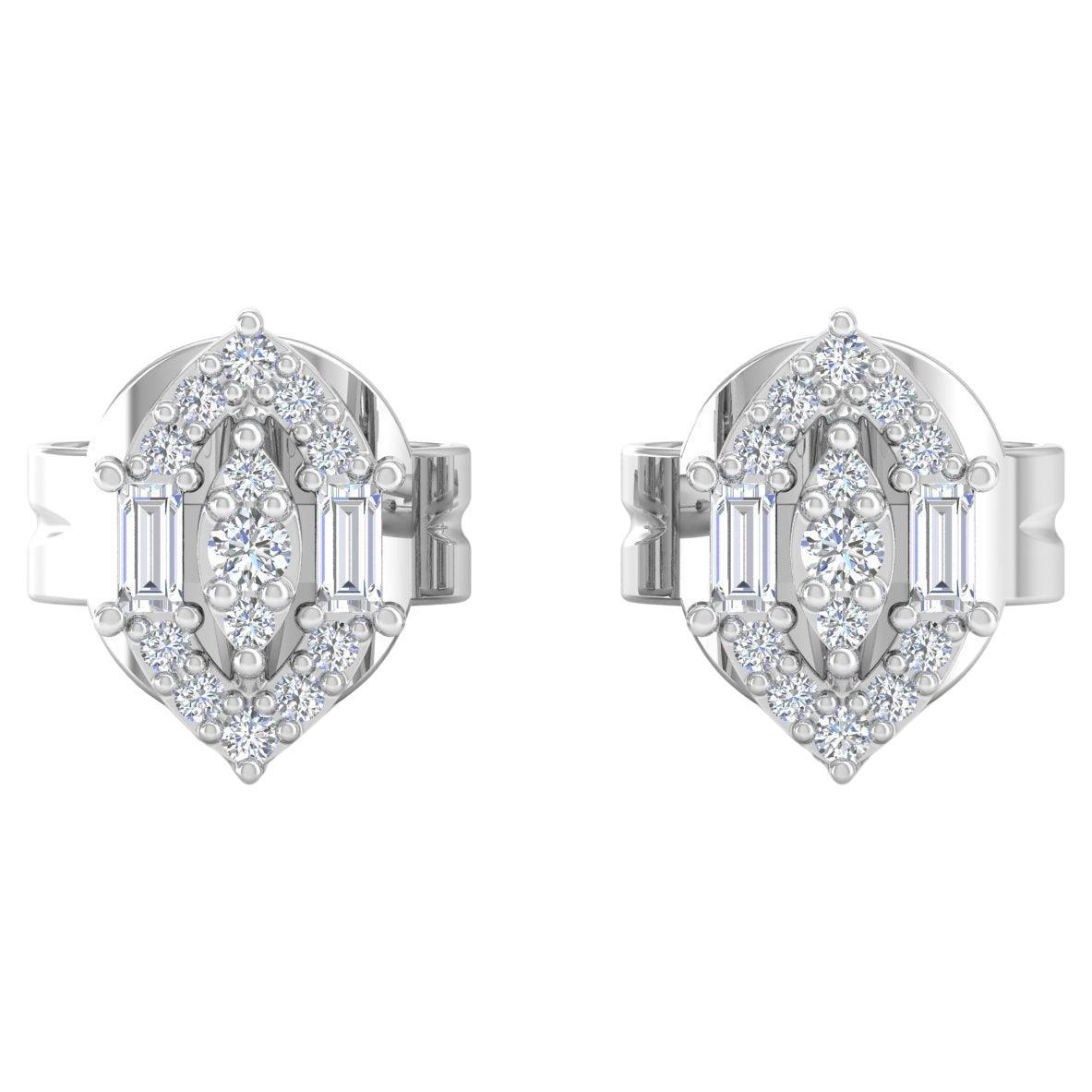 Clous d'oreilles en or blanc 14 carats avec diamants ronds baguettes 0,15 carat SI/HI