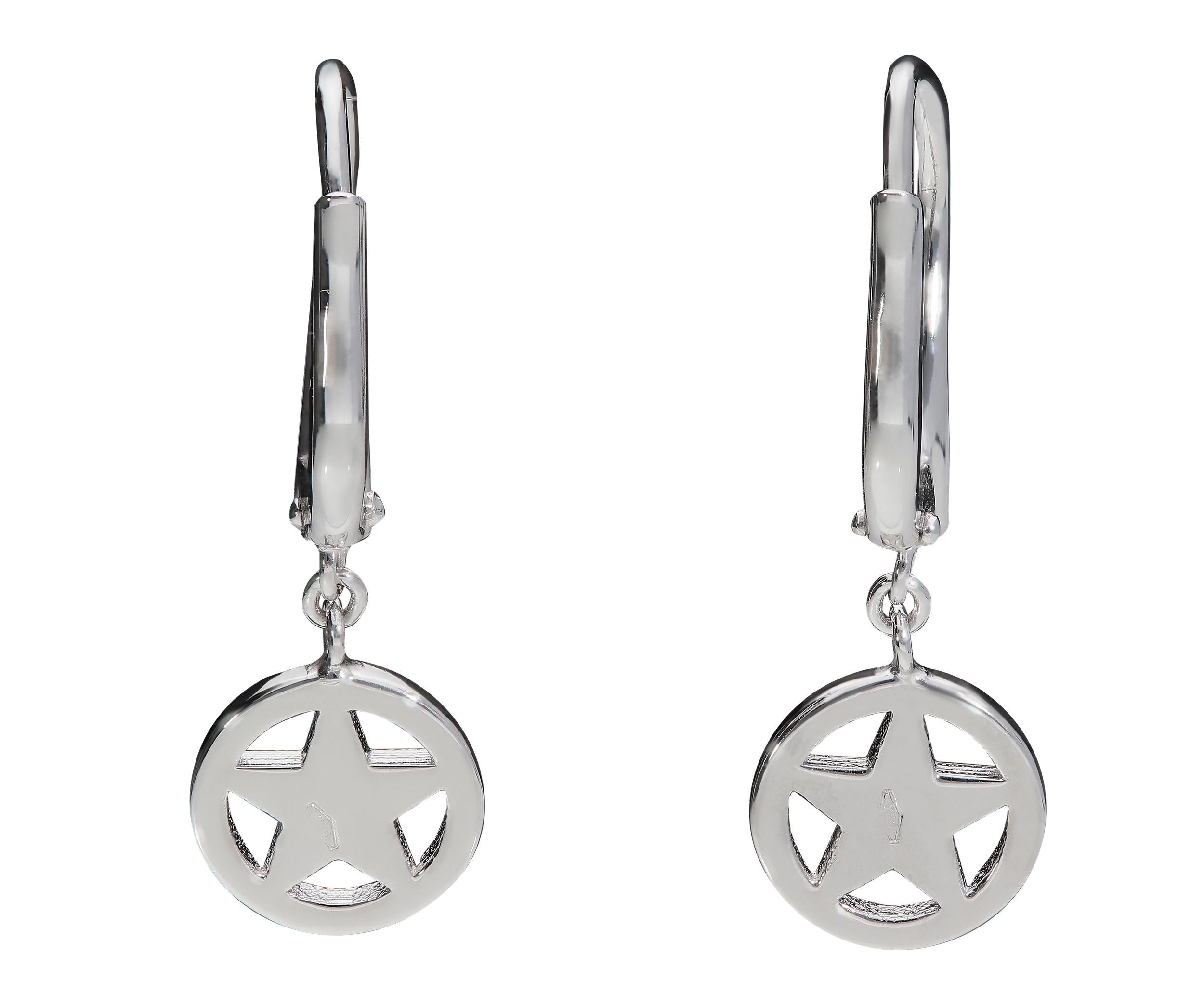 Round Cut 0.15 White GVS Diamonds 18 Karat White Gold Dangle Star Earrings For Sale