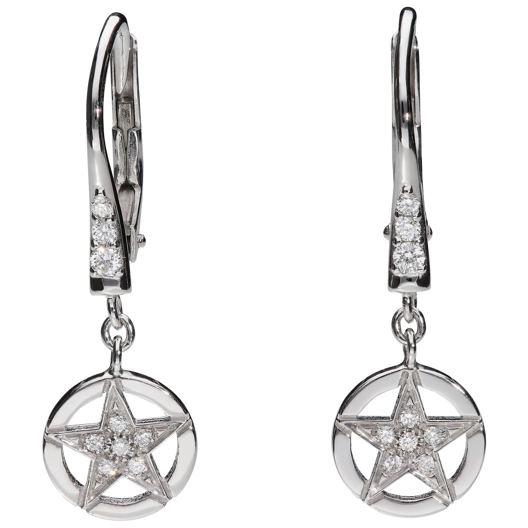 0.15 White GVS Diamonds 18 Karat White Gold Dangle Star Earrings For Sale