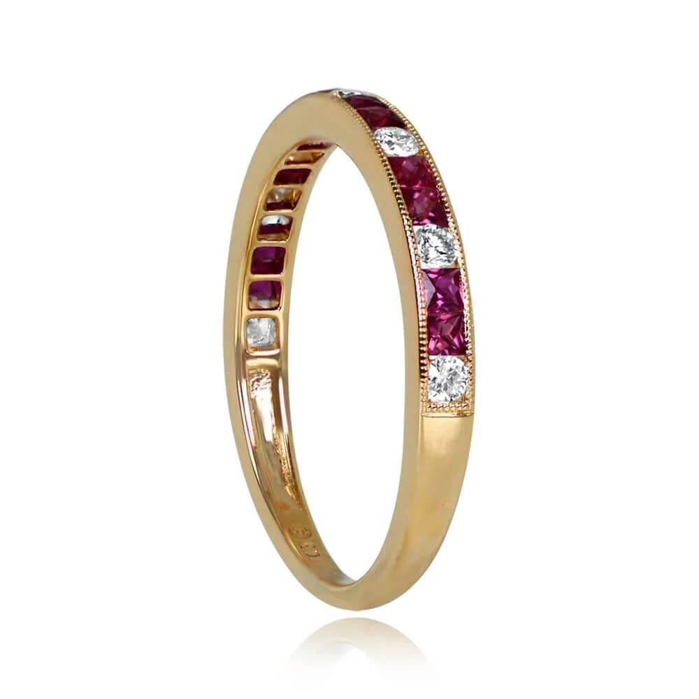 Art Deco 0.15ct Diamond & 0.36ct Ruby Band Ring, 18k Yellow Gold For Sale