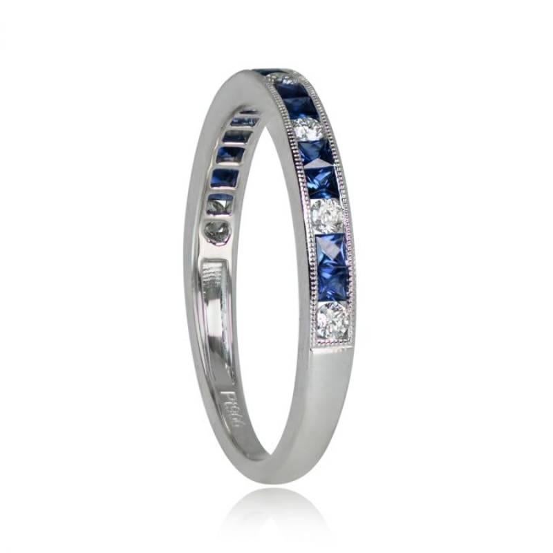 Art Deco 0.15ct Diamond & 0.44ct Natural Sapphire Band Ring, Platinum For Sale