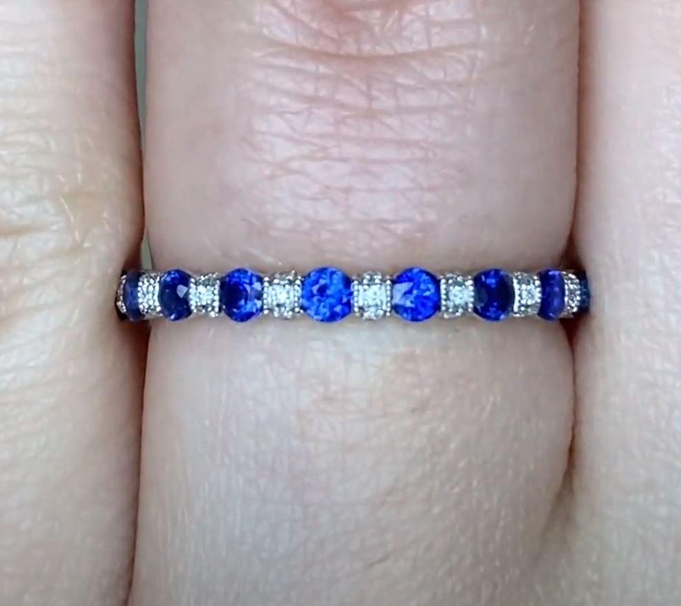 Round Cut 0.15ct Diamond & 0.88ct Natural Sapphire Eternity Band Ring, Platinum For Sale