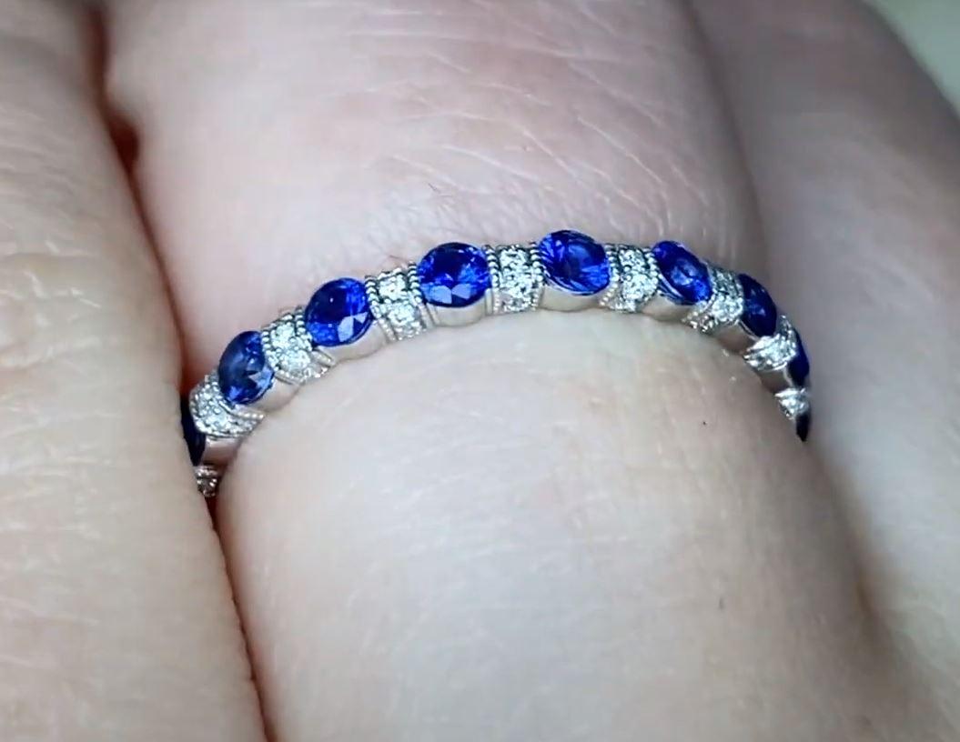 0.15ct Diamond & 0.88ct Natural Sapphire Eternity Band Ring, Platinum In Excellent Condition For Sale In New York, NY