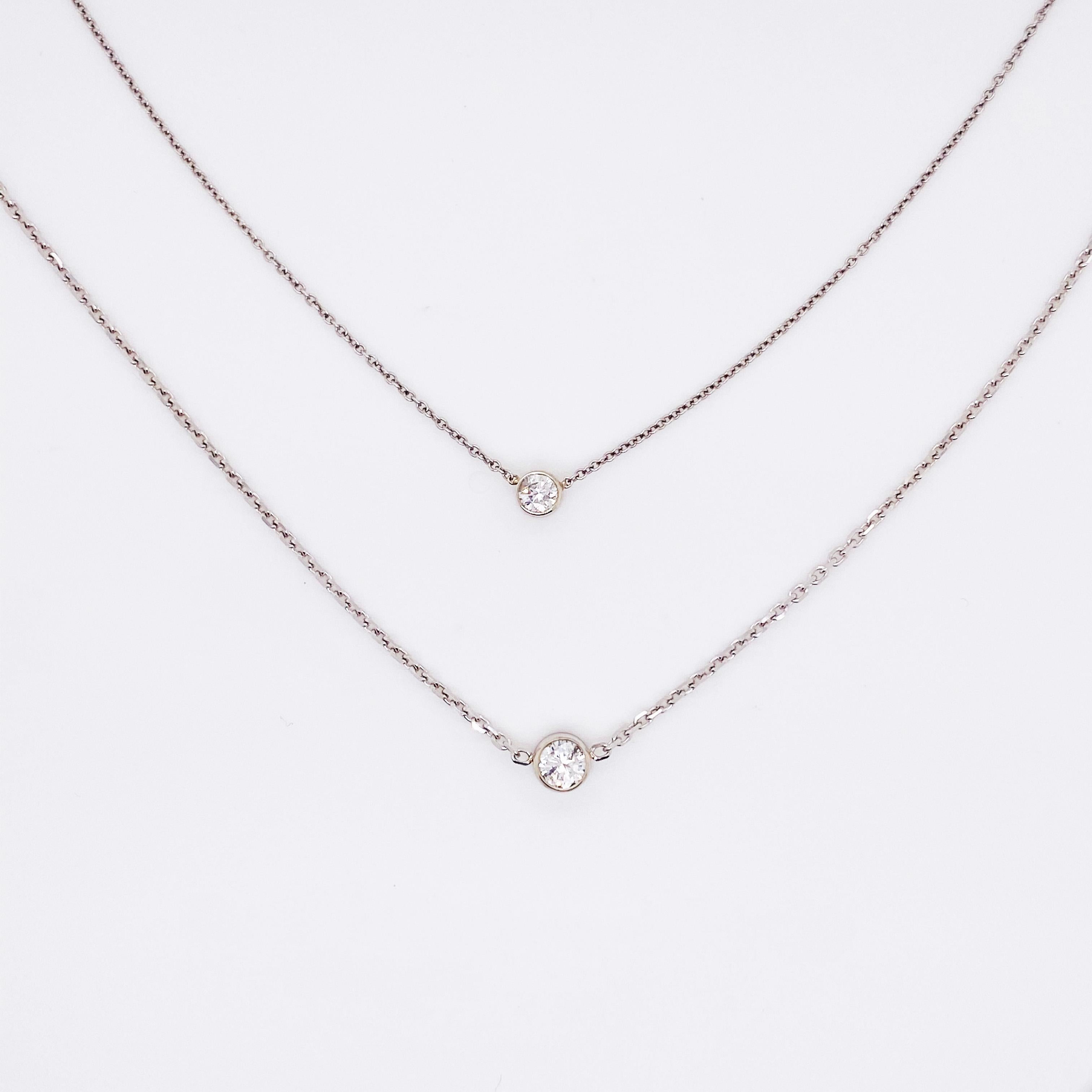 Contemporary 0.15 Carat Diamond Solitaire Bezel Necklace 14 Karat White Gold Cable Chain For Sale