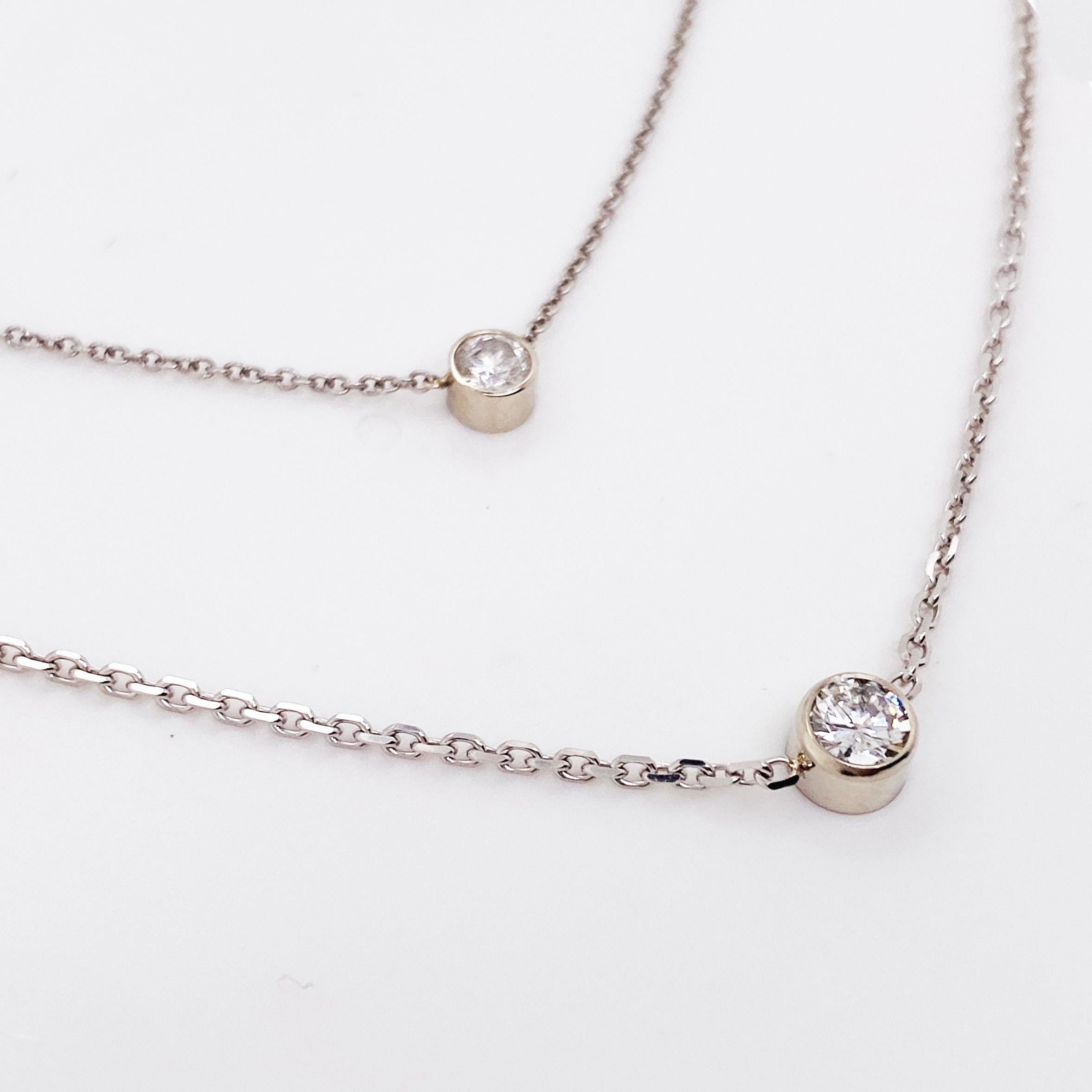 Round Cut 0.15 Carat Diamond Solitaire Bezel Necklace 14 Karat White Gold Cable Chain For Sale