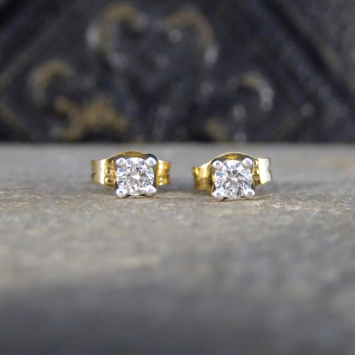 The perfect pair of stud earrings for everyday wear, for the main or second piercing. Each stud is set with a Round Brilliant Cut Diamond, matching well in colour and clarity and weighing a total of 0.15ct. Each Diamond sits in a 18ct Yellow Gold