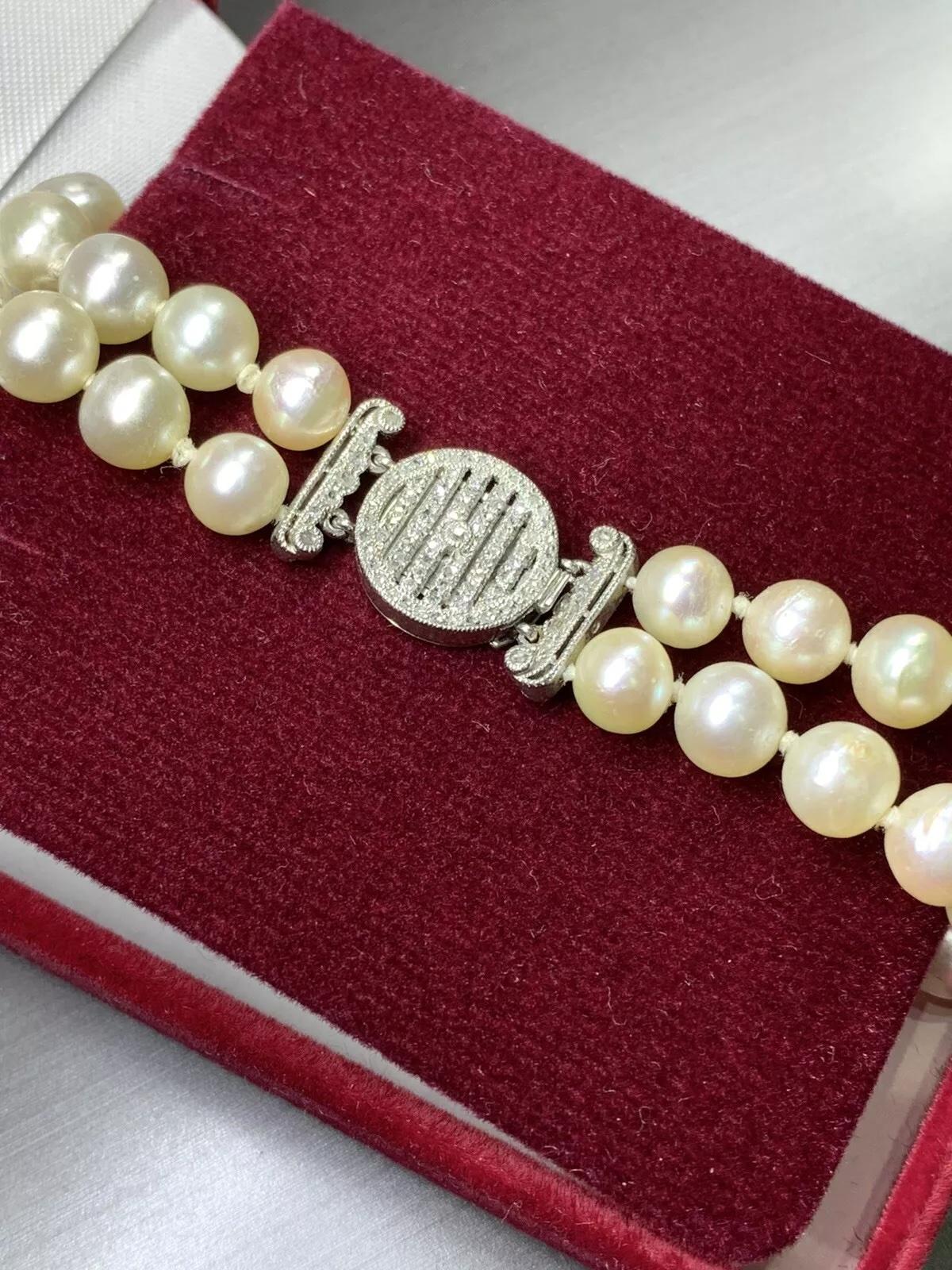 0.15ct Diamond Victorian Pearl Double Strand Bracelet Platinum In New Condition For Sale In London, GB