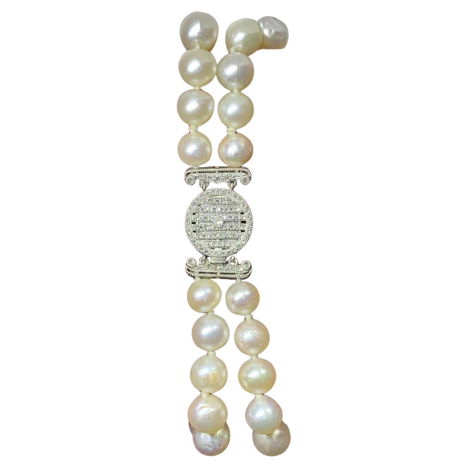 0.15ct Diamond Victorian Pearl Double Strand Bracelet Platinum For Sale
