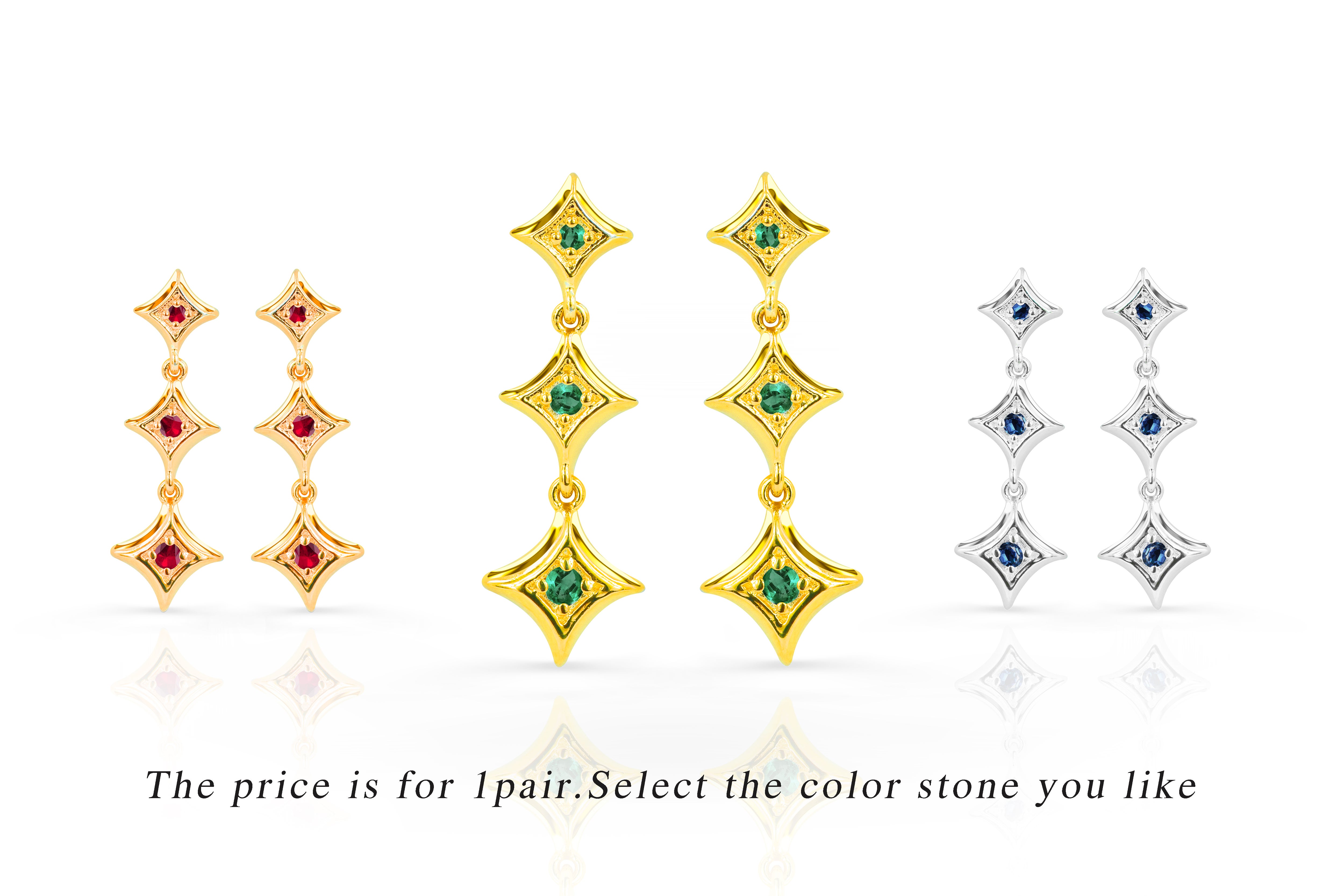 0.15ct Emerald, Ruby and Sapphire Studs Star Earrings in 14k Gold