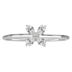 Bague florale en or blanc 18k avec diamants en forme de poire et taille ronde brillante de 0,15ct