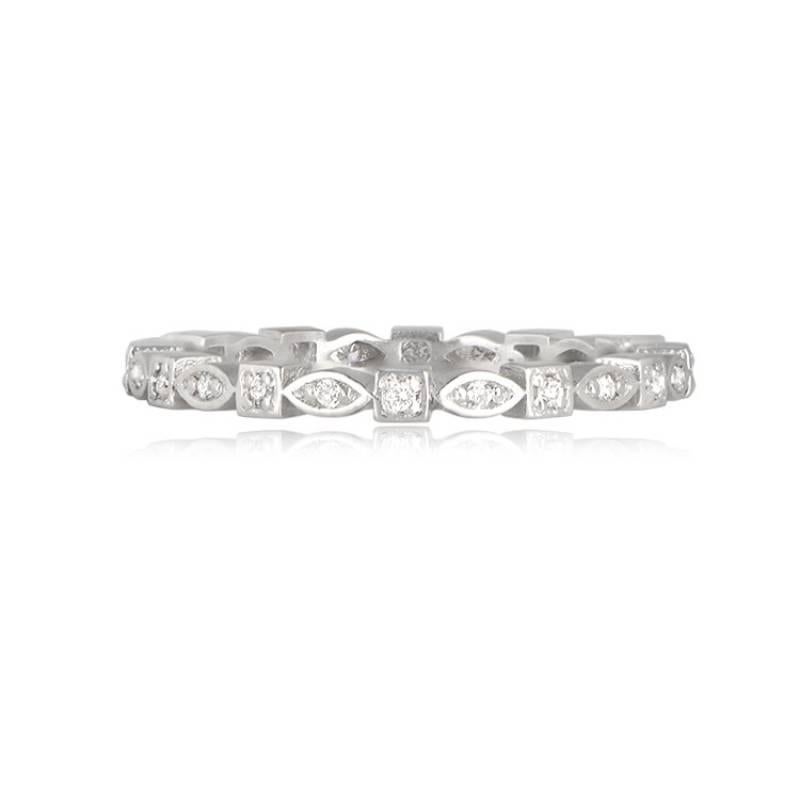 This delightful platinum eternity band showcases round brilliant cut diamonds elegantly set in alternating square and marquise boxes. The total diamond weight for this charming ring is 0.15 carats, adding a touch of sparkle and sophistication to any