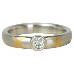 0.15ct Round Diamond Solitaire Band Ring Platinum 24K yellow Gold "XOX" Design
