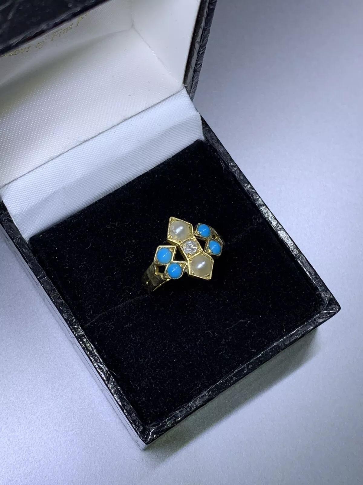 De las mujeres 0,15 ct Anillo Victoriano de Diamantes talla rosa, Turquesa y Perlas en Oro Amarillo de 18 ct en venta