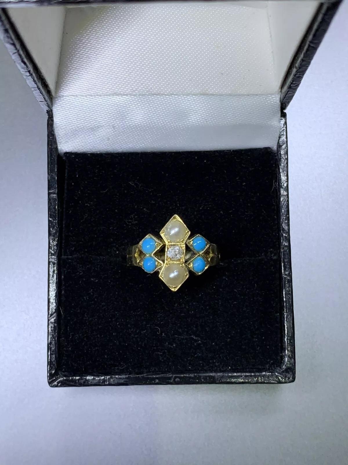 0.15ct Victorian Rose Cut Diamond Turquoise And Pearl Ring In 18ct Yellow Gold