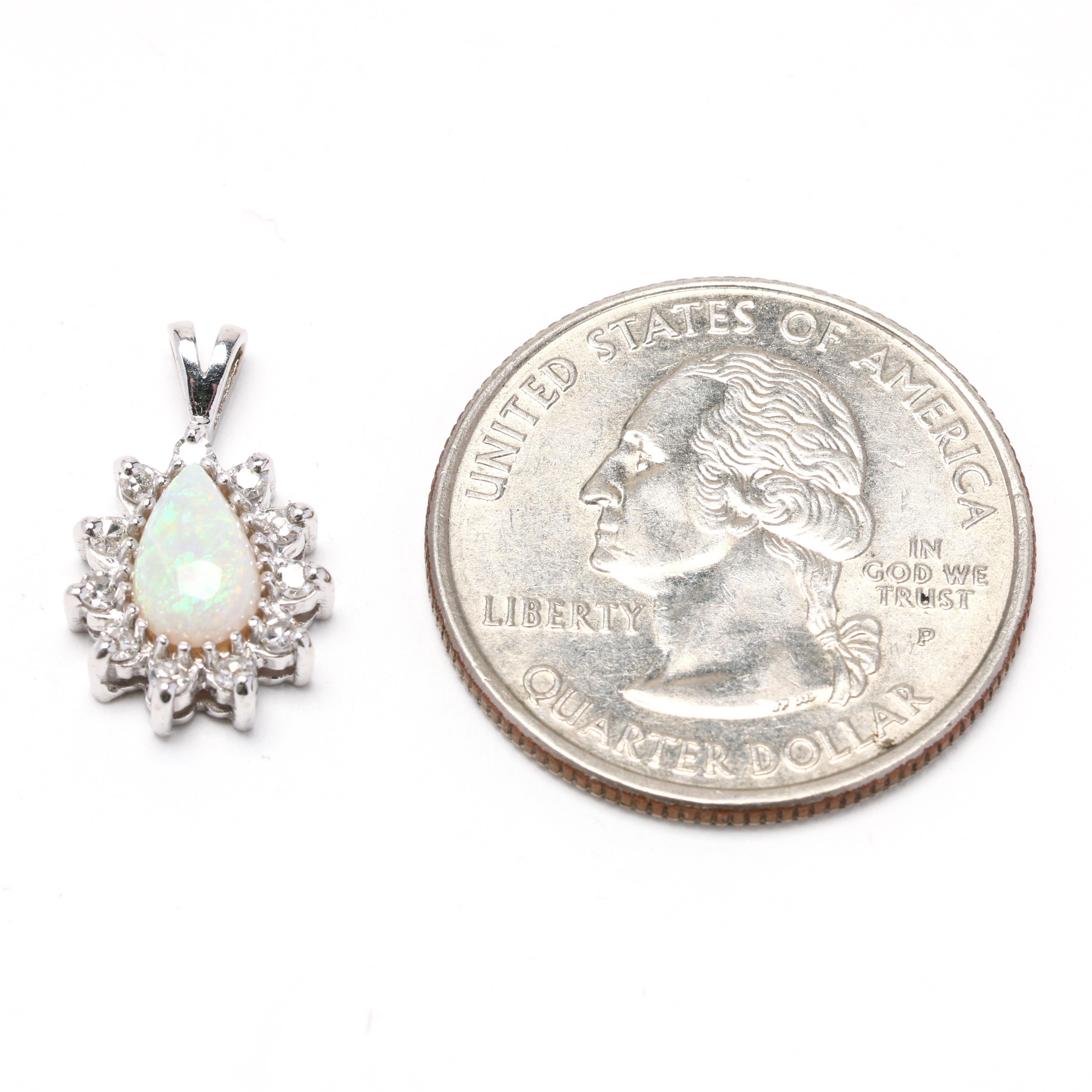 0.15ctw Diamond and Opal Cluster Charm, 14k White Gold, Pear Floral Pendant In Good Condition For Sale In McLeansville, NC