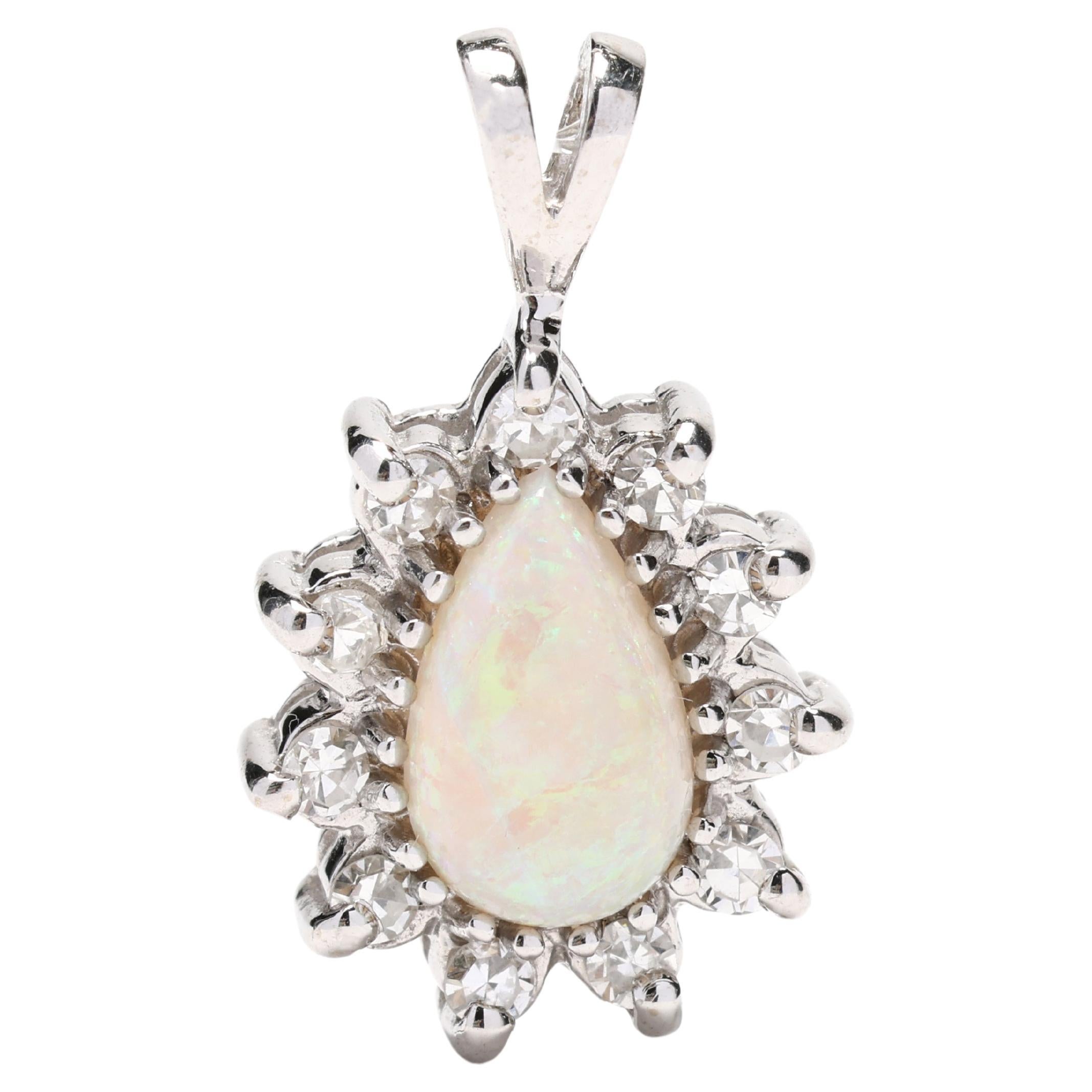 0.15ctw Diamond and Opal Cluster Charm, 14k White Gold, Pear Floral Pendant For Sale