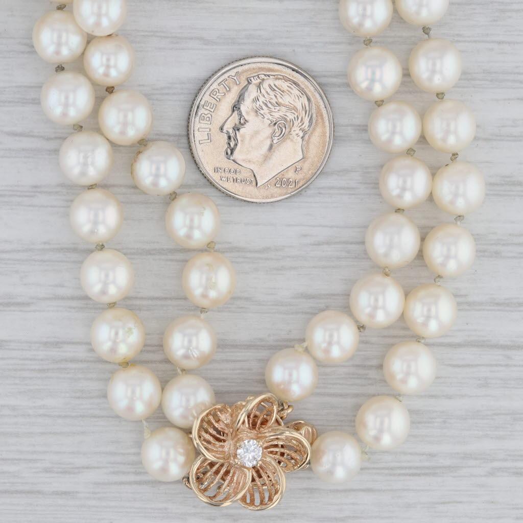 Donna Collana a due fili di perle coltivate con diamanti da 0,15 carati, chiusura a fiore in oro 14k in vendita