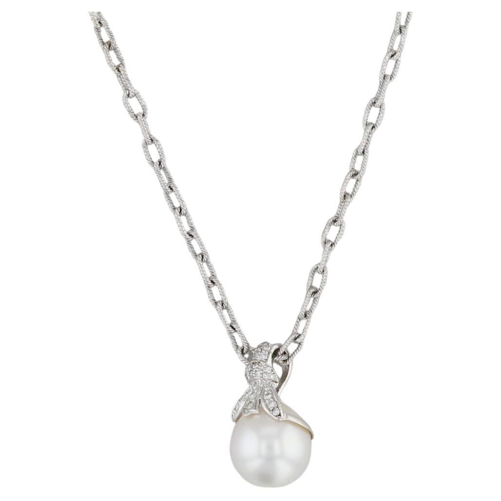 0.15ctw Diamond Cultured Pearl Pendant Necklace 18k White Gold 15.5" Cable Chain For Sale
