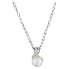 0.15ctw Diamond Cultured Pearl Pendant Necklace 18k White Gold 15.5" Cable Chain