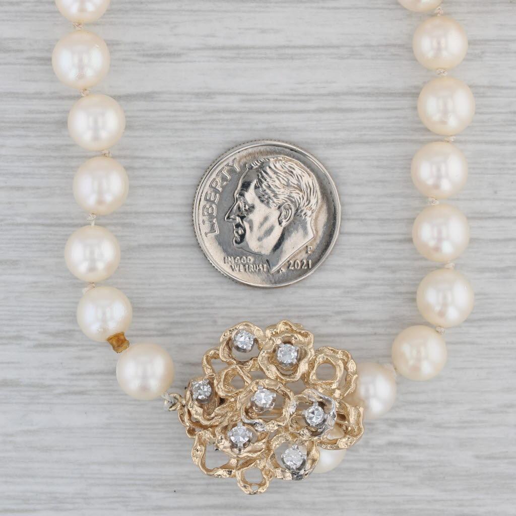0.15ctw Diamond Flower Pendant Pearl Strand Necklace 14k Gold 33