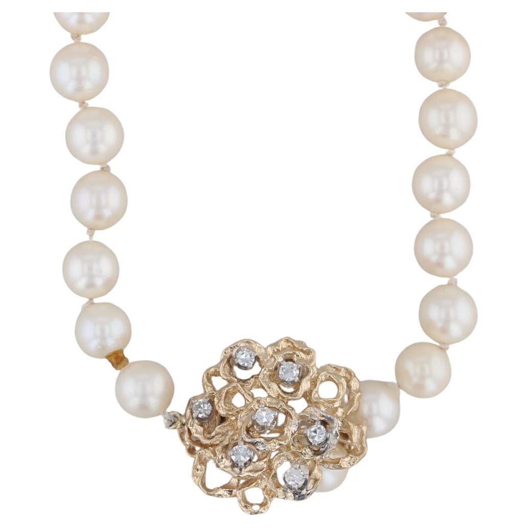 0.15ctw Diamond Flower Pendant Pearl Strand Necklace 14k Gold 33" Adjustable For Sale