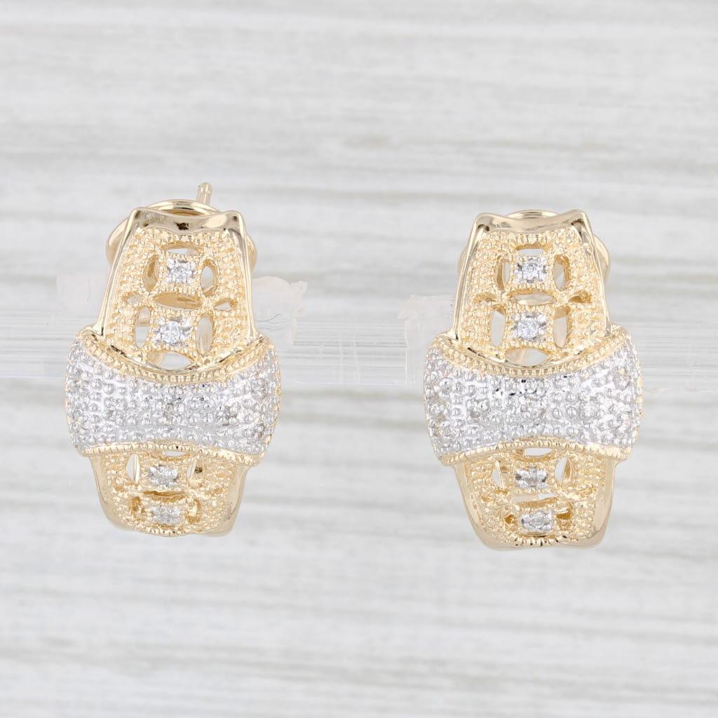 Gemstone Information:
- Natural Diamonds -
Total Carats - 015ctw
Cut - Round Brilliant
Color - G - H
Clarity - SI1 - SI2

Metal: 14k Yellow Gold
Weight: 8.3 Grams 
Stamps: 14k 585
Closure: Stick Posts & Omega Backs
Measurements: 21.1 x 12.6 mm
