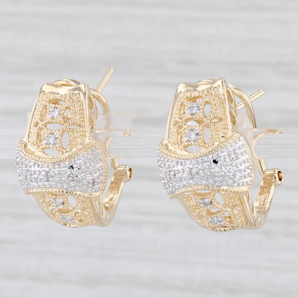 Round Cut 0.15ctw Diamond J-Hook Earrings 14k Gold Omega Back Drops For Sale
