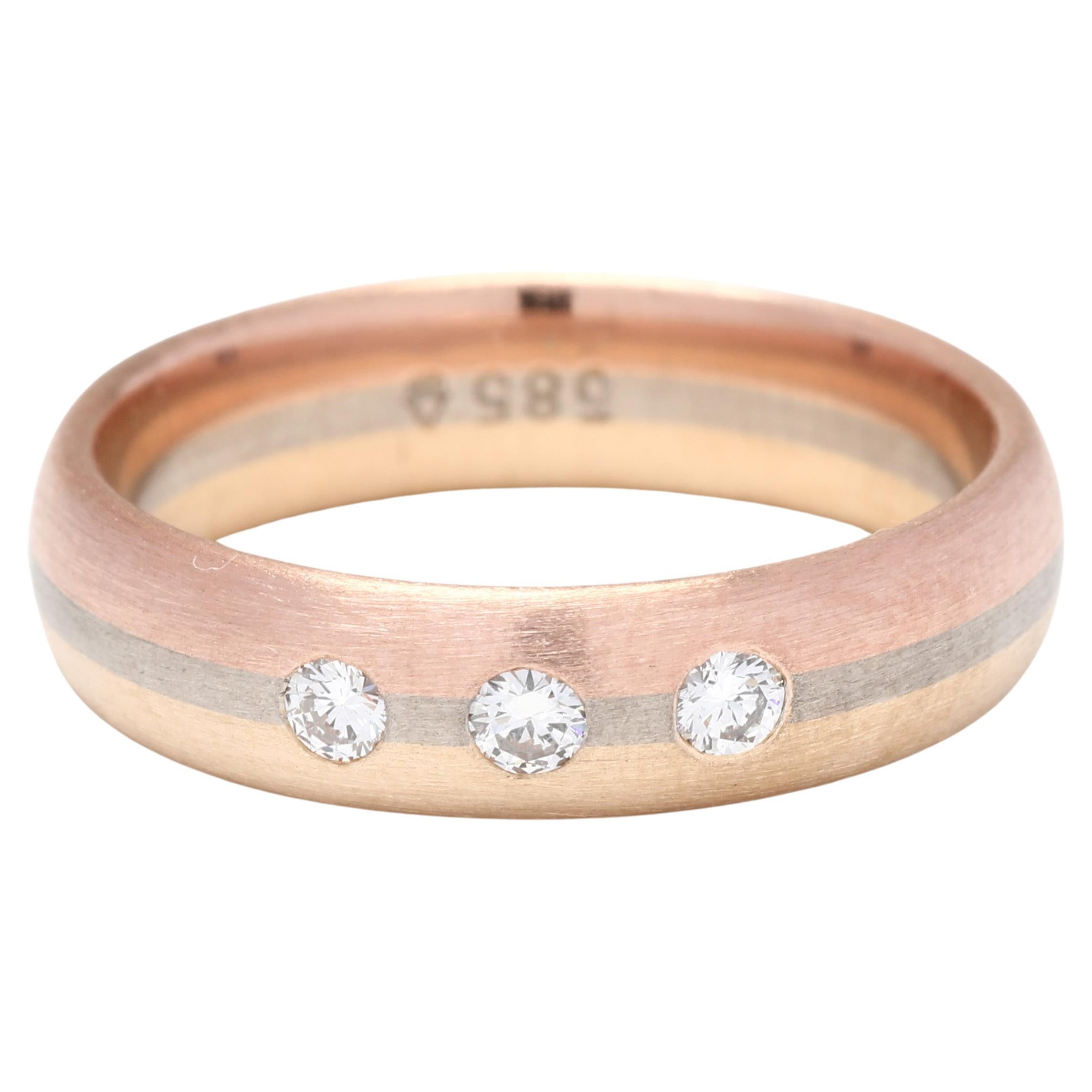 0,15 Karat Diamant Multi Gold Bandring, 14k Gold, Ring Größe 6,75, gestreifte Metalle