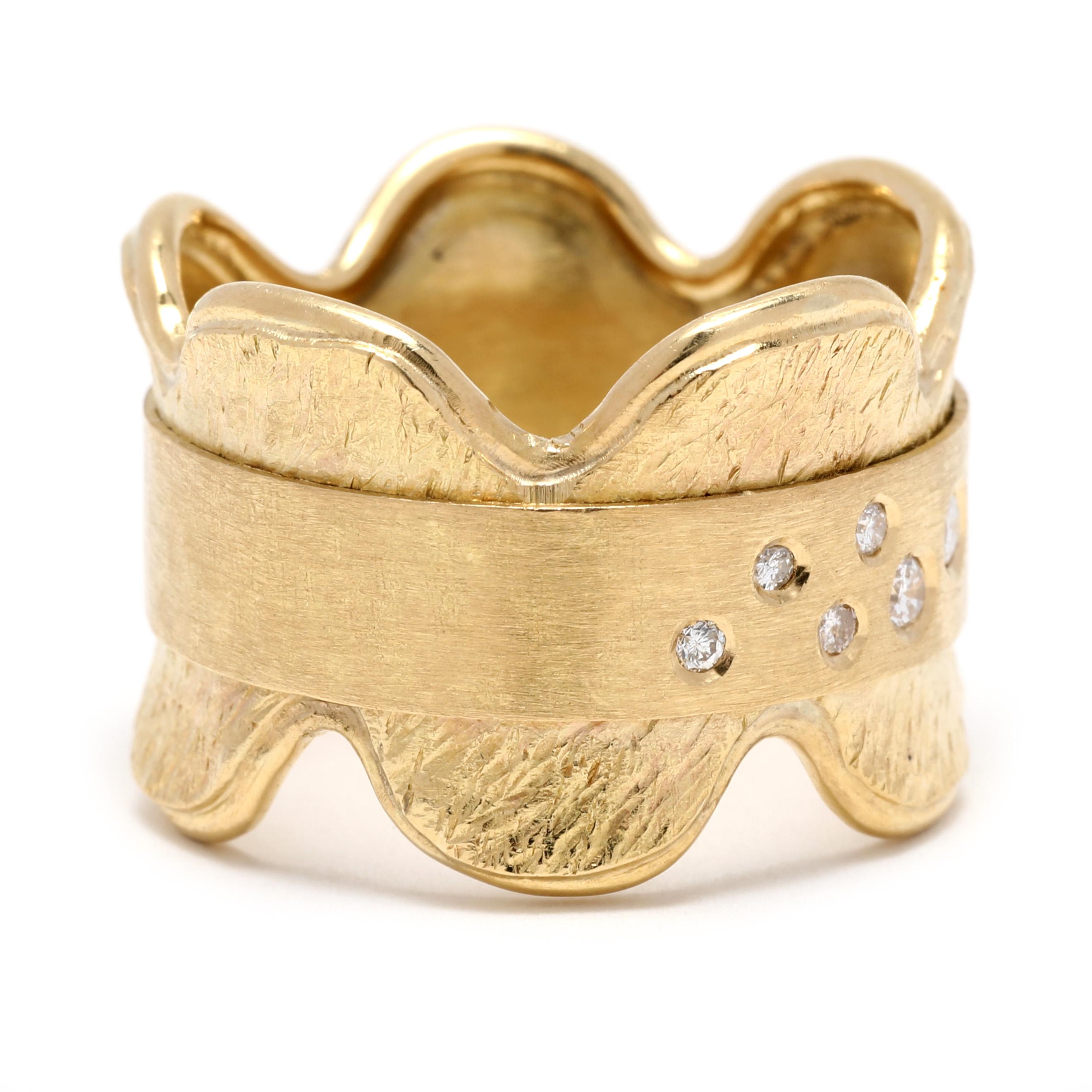 Dieses atemberaubende 0,15ctw breite Diamantband mit Wellenschliff ist die perfekte Ergänzung für jede Schmucksammlung. Dieser Ring aus 18-karätigem Gelbgold hat die Größe 6,5 und ist mit einem breiten, strukturierten Band mit verstreuten Diamanten