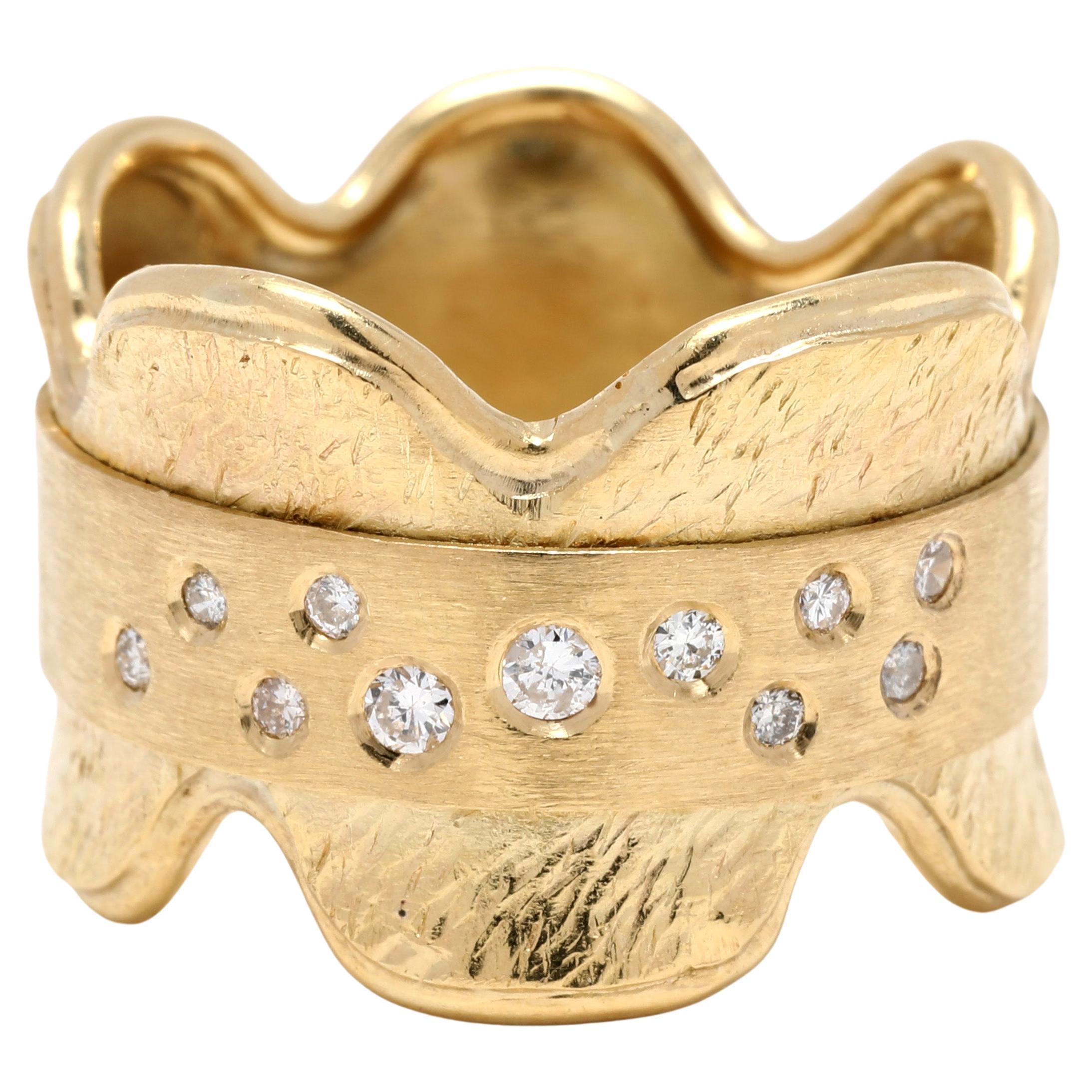 0,15 Karat breiter Diamantring mit Wellenschliff, 18 Karat Gelbgold, Ring Größe 6,5, strukturiert