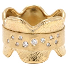0,15 Karat breiter Diamantring mit Wellenschliff, 18 Karat Gelbgold, Ring Größe 6,5, strukturiert