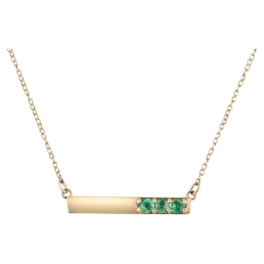 0.15tcw 14K Natural Emerald Three Stone Horizontal Gold Bar Pendant Necklace 585 For Sale