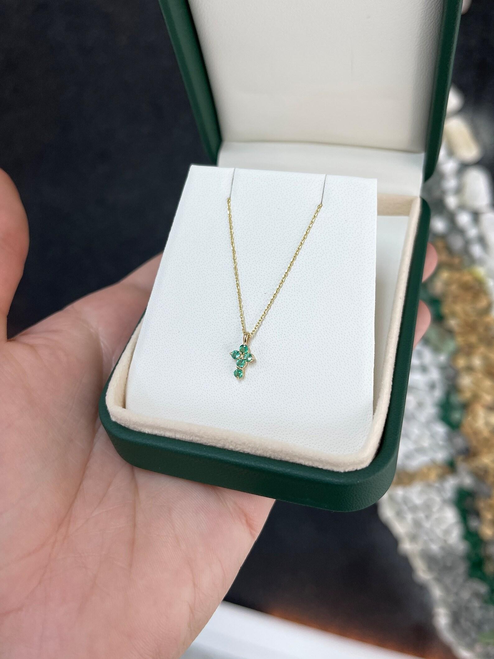 Women's or Men's 0.15tcw 14K Petite Round Cut Emerald Religious Cross Gold Pendant Necklace  For Sale