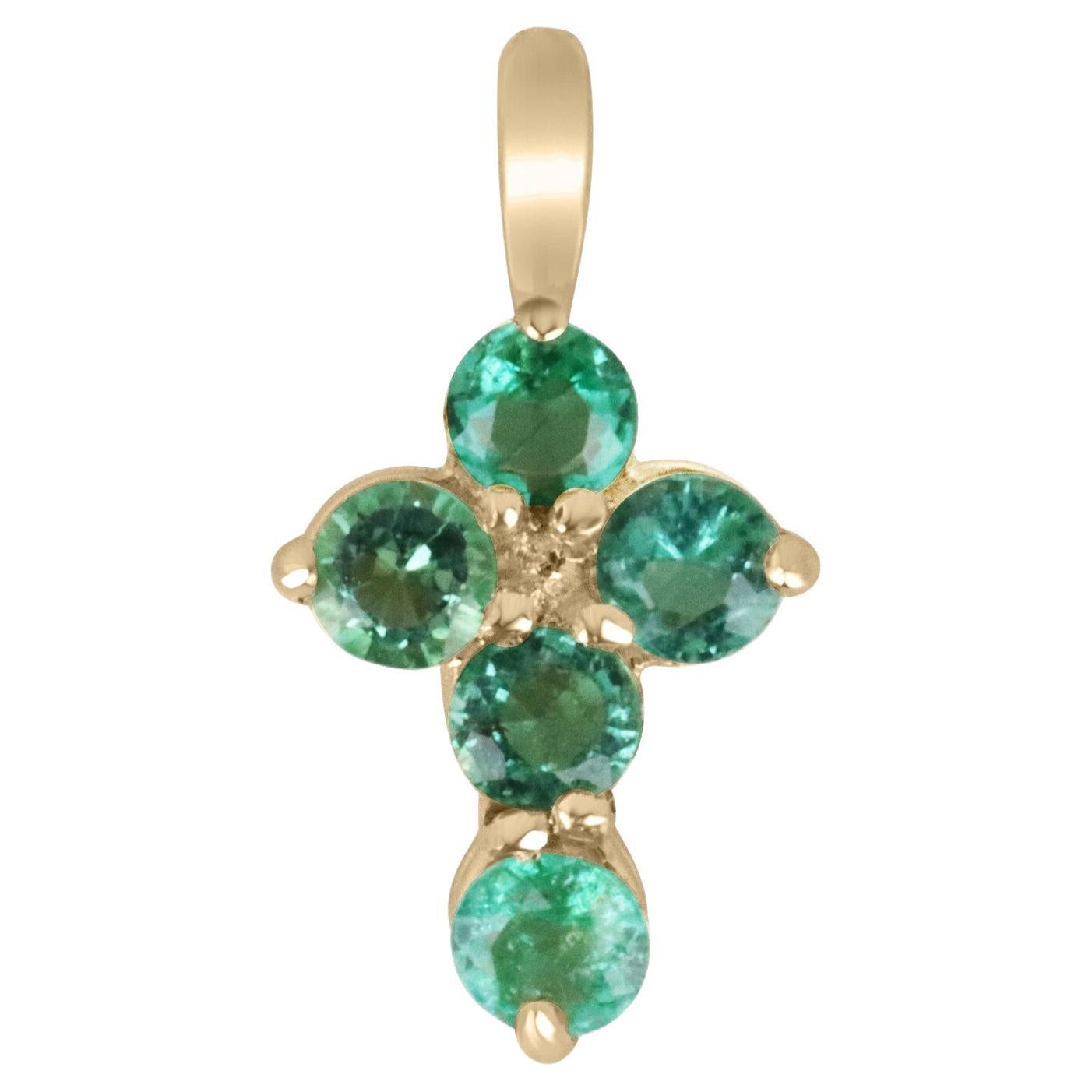 0.15tcw 14K Petite Round Cut Emerald Religious Cross Gold Pendant Necklace  For Sale