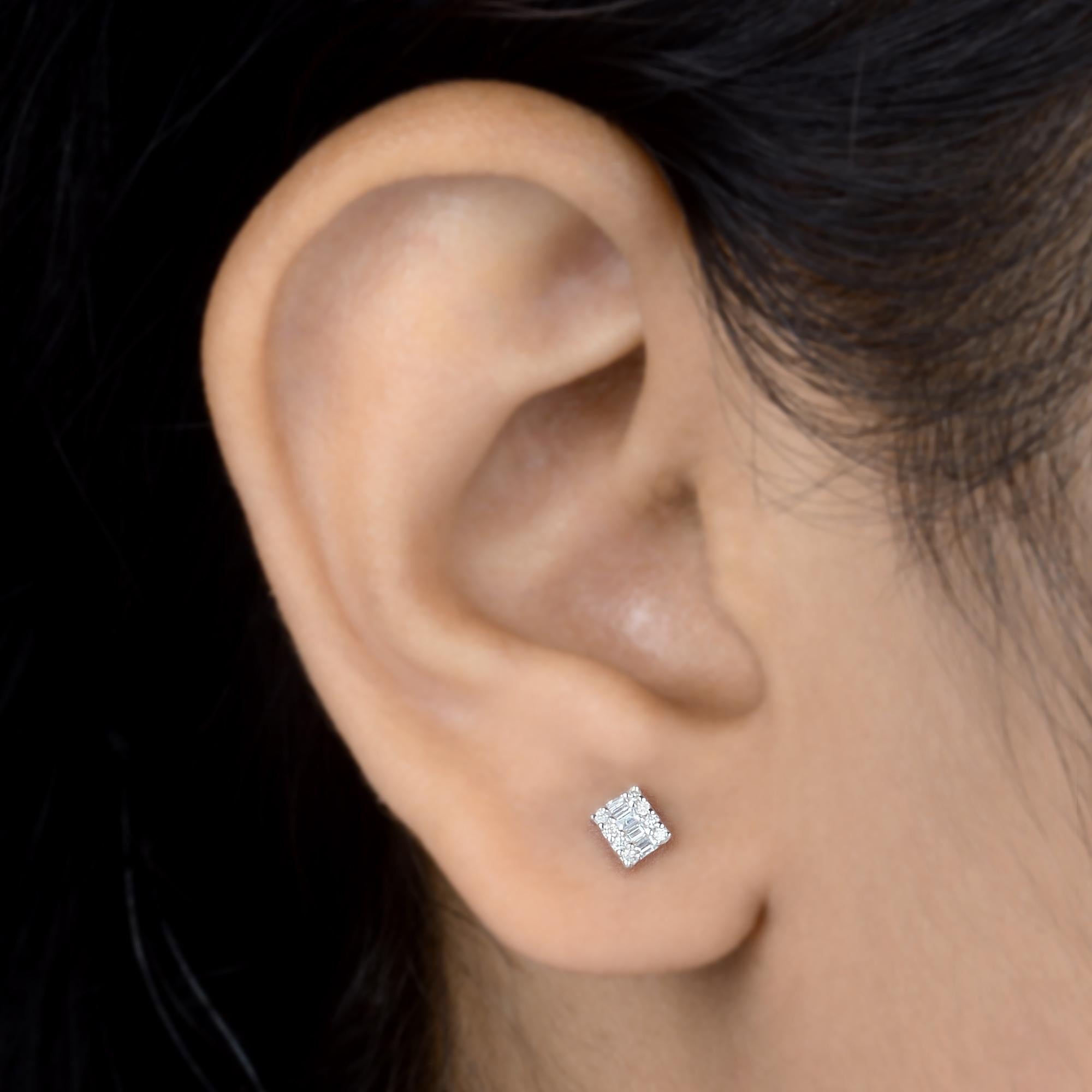 Modern 0.16 Carat Baguette & Round Diamond Stud Earrings 10k White Gold Fine Jewelry For Sale