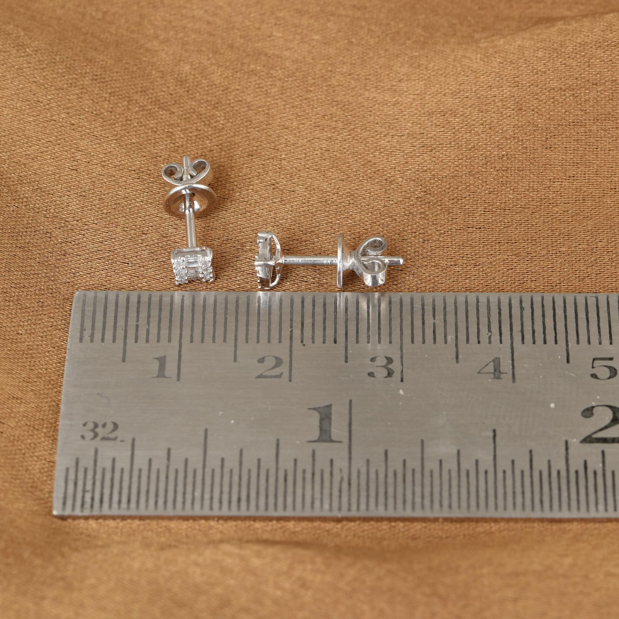 Baguette Cut 0.16 Carat Baguette & Round Diamond Stud Earrings 10k White Gold Fine Jewelry For Sale