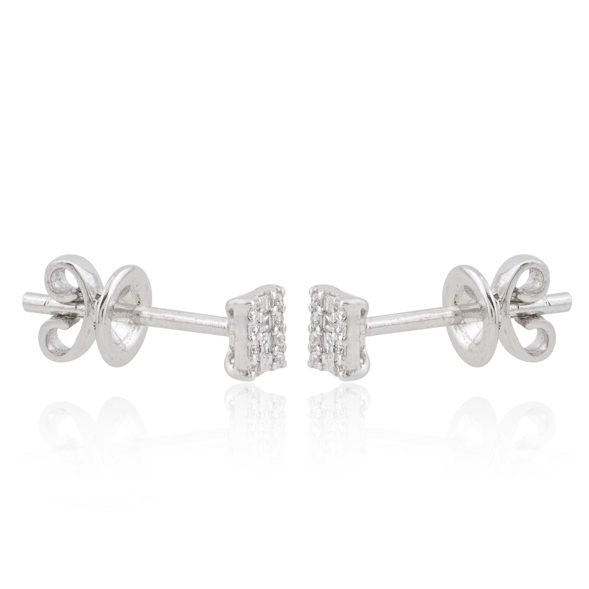 Women's 0.16 Carat Baguette & Round Diamond Stud Earrings 10k White Gold Fine Jewelry For Sale
