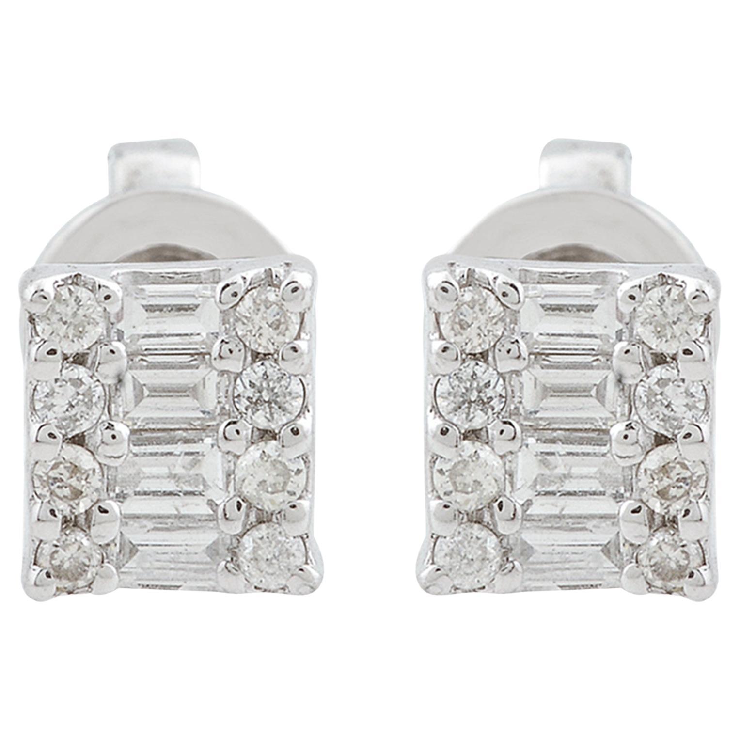 0.16 Carat Baguette & Round Diamond Stud Earrings 10k White Gold Fine Jewelry For Sale