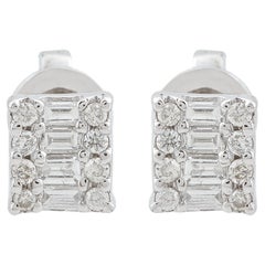 0.16 Carat Baguette & Round Diamond Stud Earrings 10k White Gold Fine Jewelry