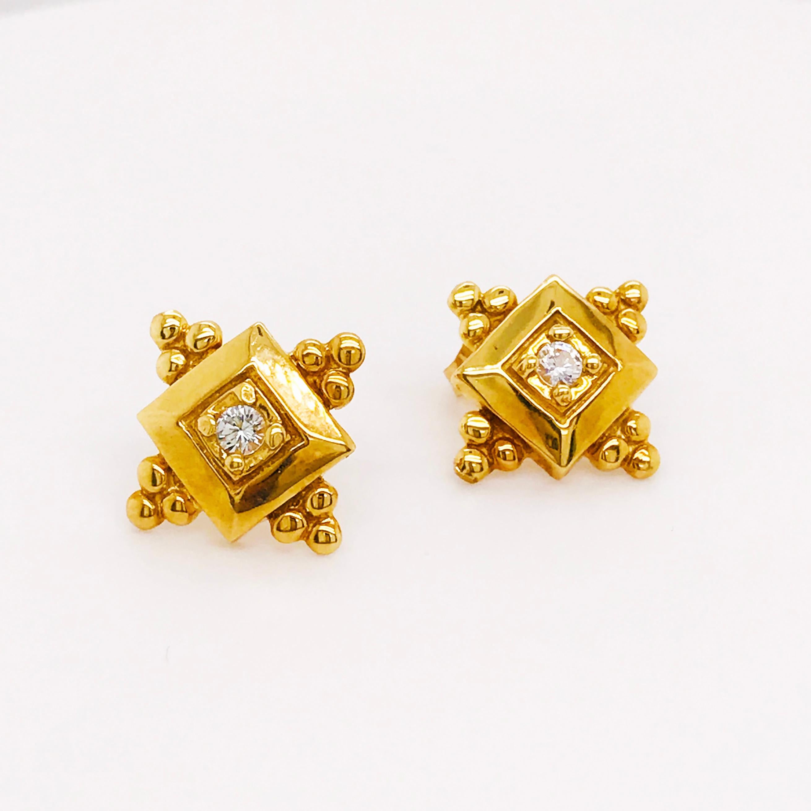These one of a kind diamond stud earrings are custom estate earrings. With a hand crafted gold settings that has hand fabricated gold beading on all four sides for a balanced symmetry and unique look. These gold settings hold a round brilliant