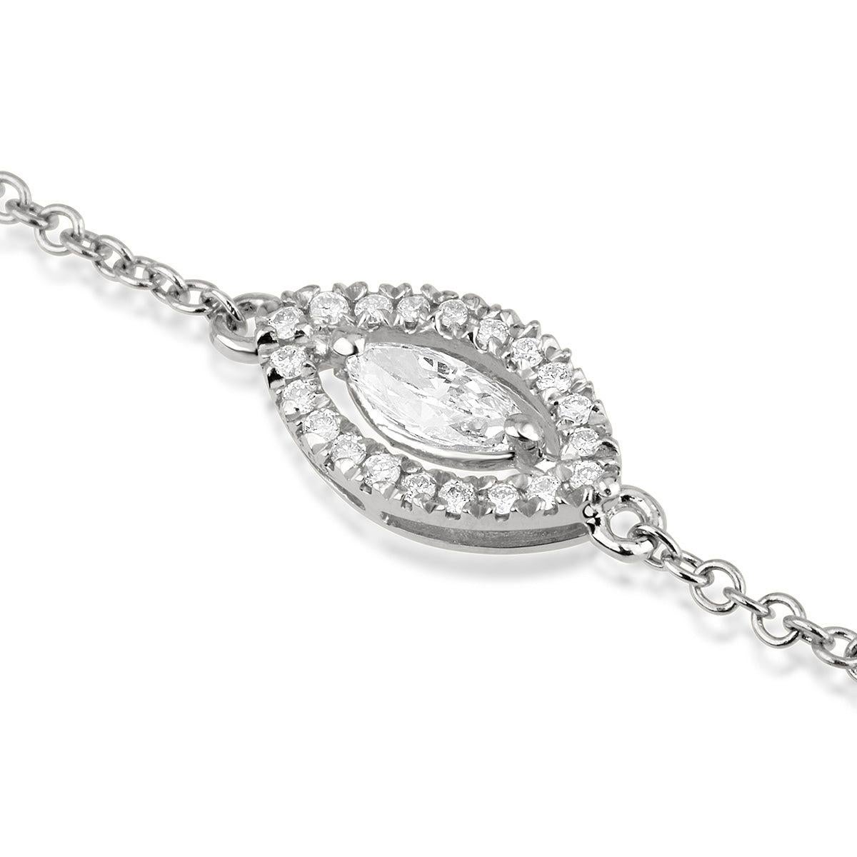 0.16 Carat Marquise and Round Diamond Eye Pendant Bracelet in 14K White Gold

Captivating in design, this dainty eye-shaped pendant bracelet is a true beauty. Designed in 14k white gold, and set with a 0.10 carat marquise-cut center diamond