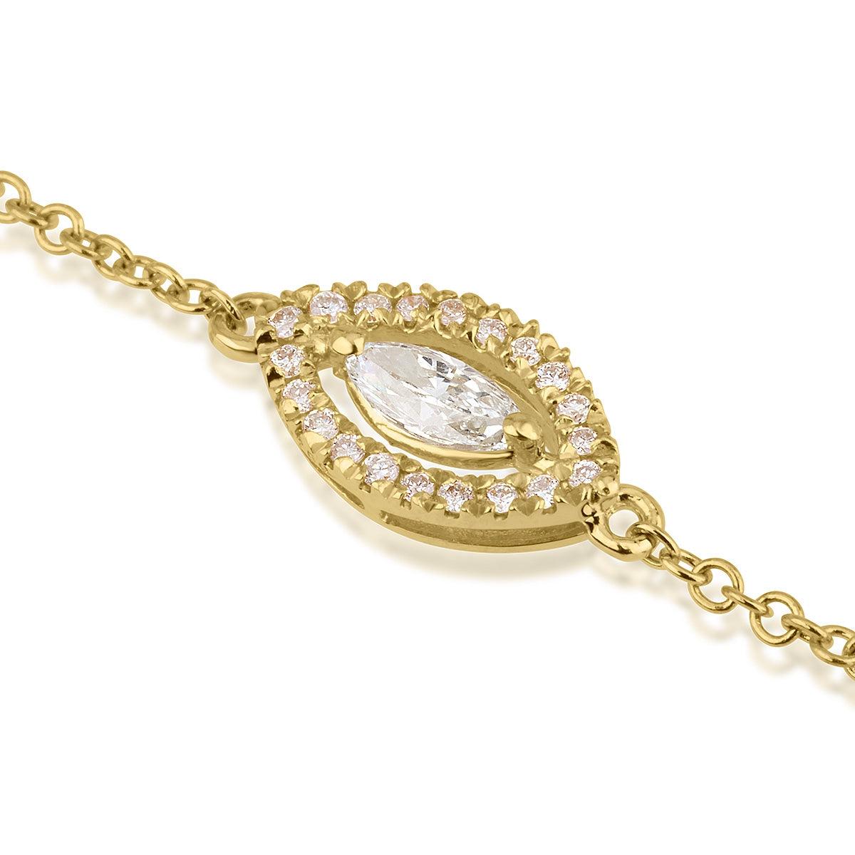 0.16 Carat Marquise and Round Diamond Eye Pendant Bracelet in 14K Yellow Gold

Captivating in design, this dainty eye-shaped pendant bracelet is a true beauty. Designed in 14k yellow gold, and set with a 0.10 carat marquise-cut center diamond