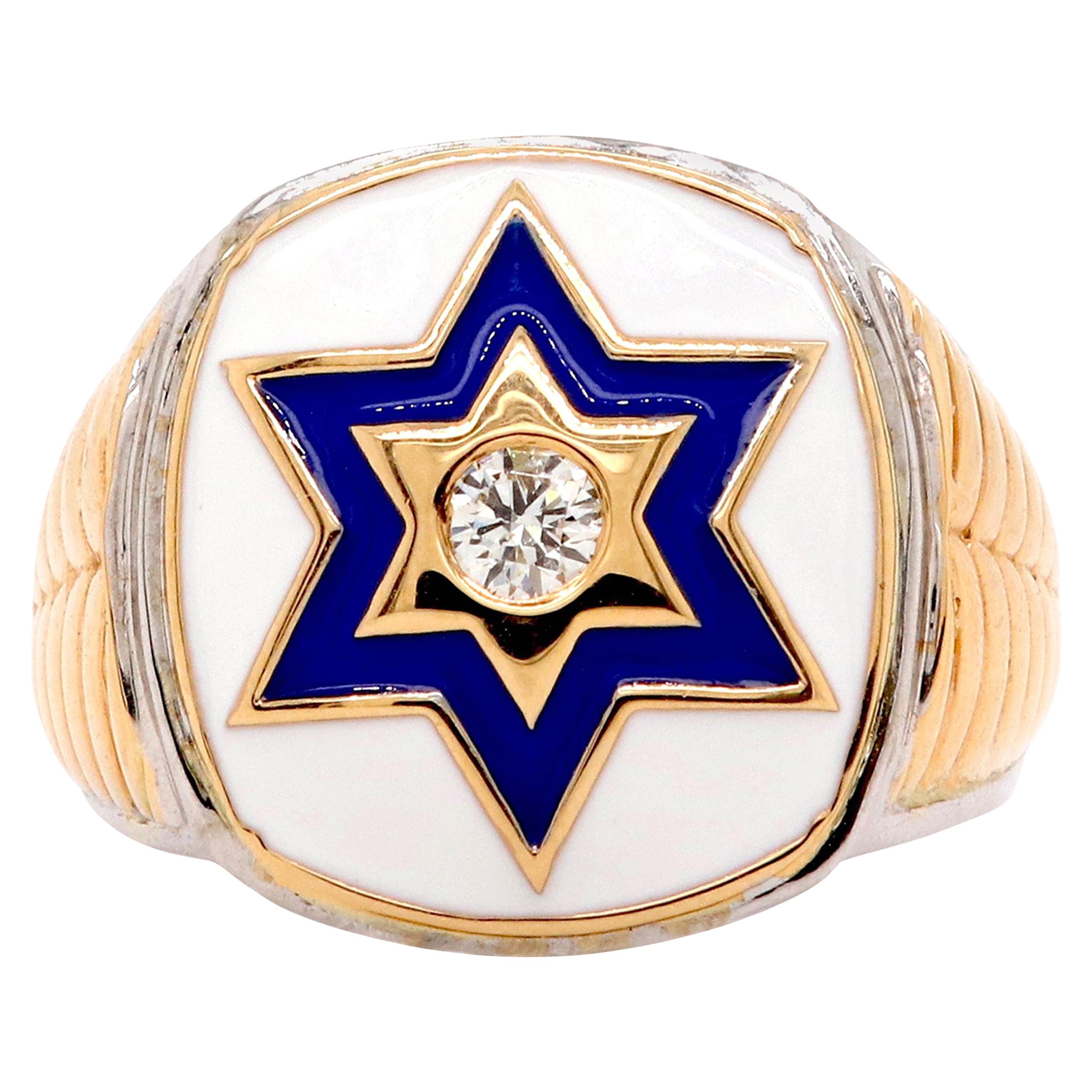 Men Star of David Enamel Ring Bezel Set Round White Diamond 14K Yellow Gold