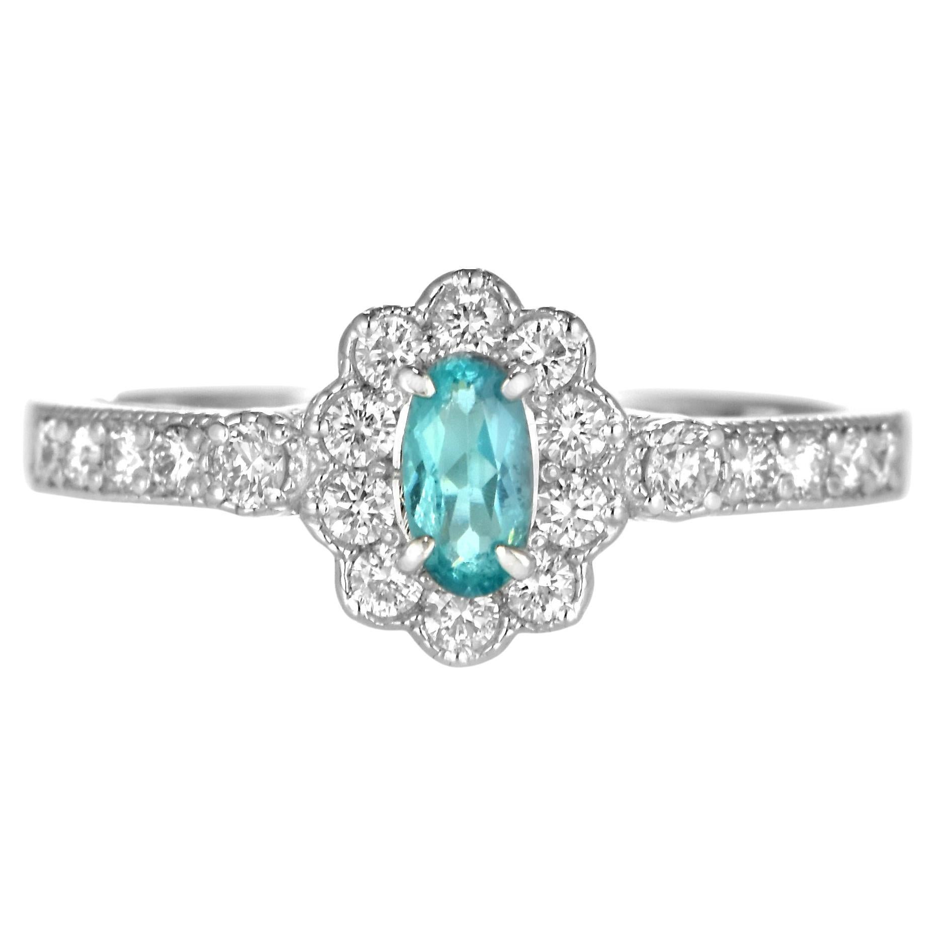 0.16 Carat Natural Brazilian Paraiba Tourmaline 
Diamond Ring Made in Platinum