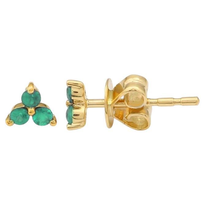 0.16 Carat Total Weight Emerald Petite Stud Earrings, 14 Karat Yellow Gold For Sale