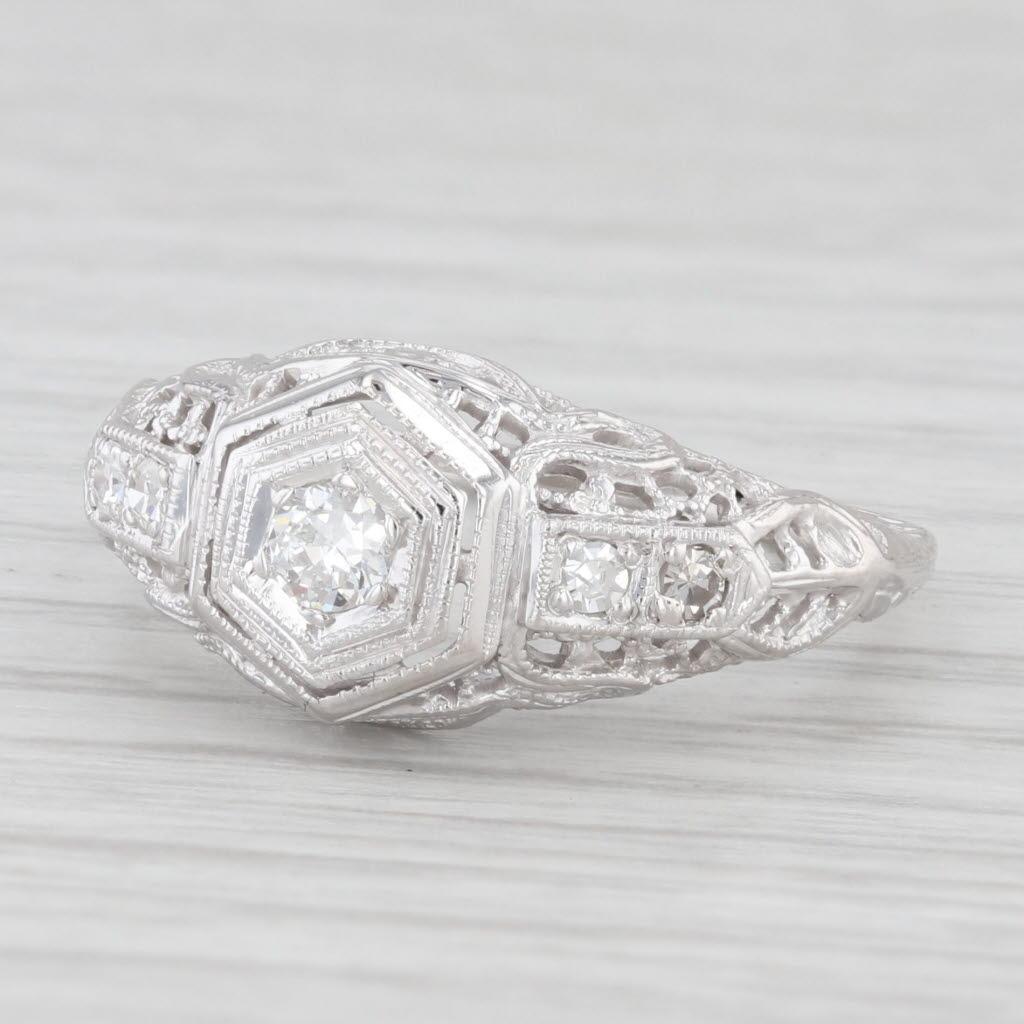 Women's 0.16ct Diamond Filigree Ring 18k White Gold Size 6.25 Vintage Engagement For Sale