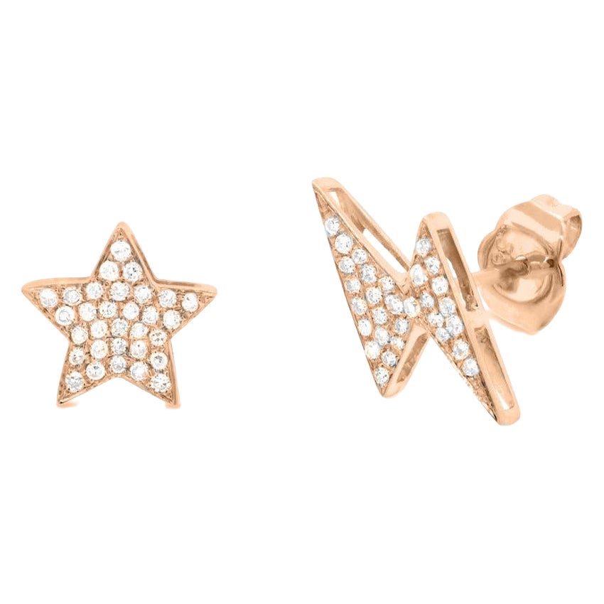 0.16ct Round Brilliant Cut Diamond Star and Lightning Stud Earrings in 14k Rose For Sale